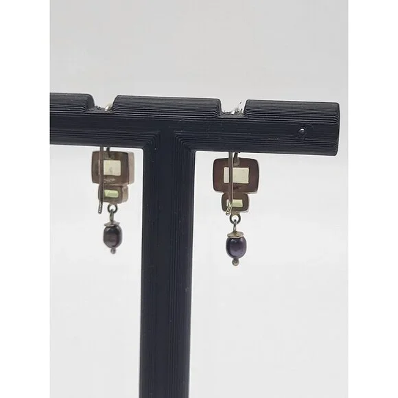 VTG 925 Sterling Silver Earrings Dangle Drop Green Gemstones Pearl Dainty - Picture 5 of 8